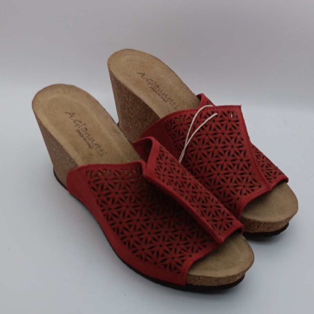 A. GIANNETTI RED PERFORATED WEDGE SANDALS